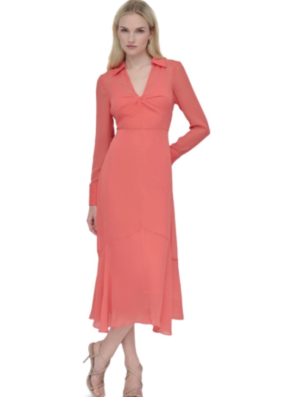Dkny Women's Collared V-Neck Long-Sleeve Chiffon Dress - Coral Crush